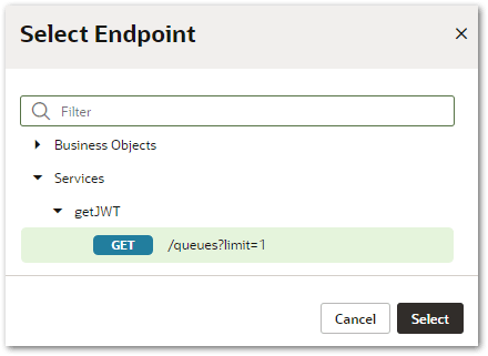 The Select Endpoint for a Call Rest Action in a Visual Builder application