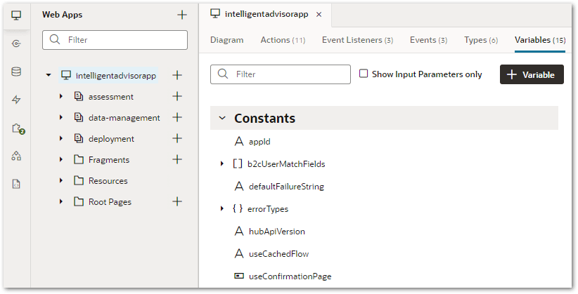 The iamobile application level in an Intelligent Advisor Visual Builder mobile application showing variable constants