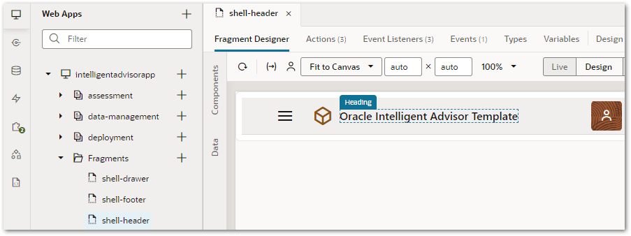 The shell-header default Heading in an Intelligent Advisor mobile application in Visual Builder