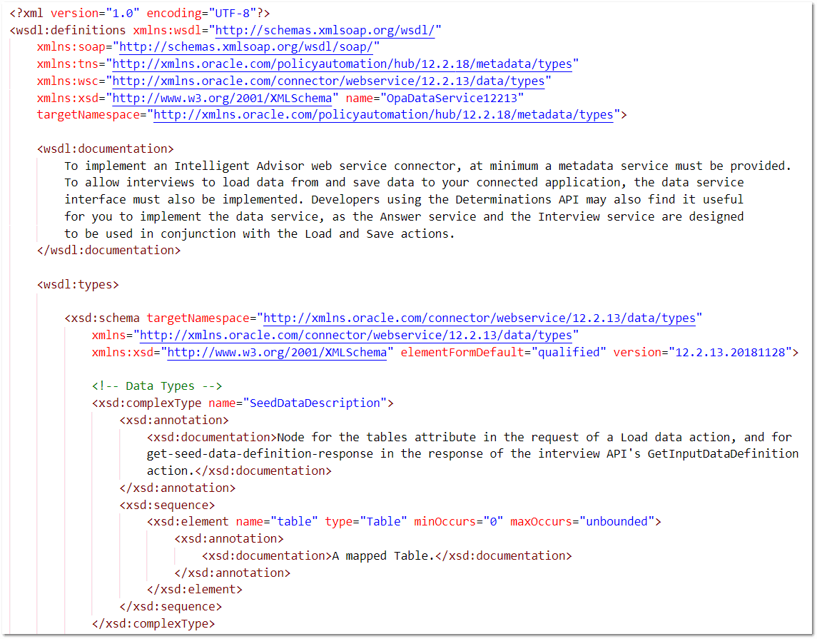 Image of the Web Service WSDL download (part only) available from the Connections tab on Intelligent Advisor Hub