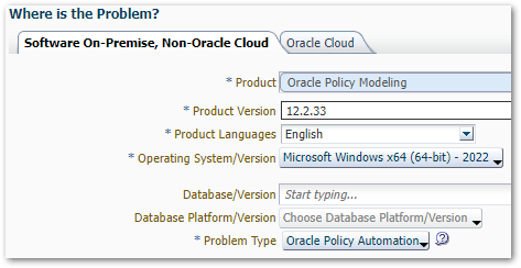 The settings required to log an Oracle Policy Automation Service Request in My Oracle Support