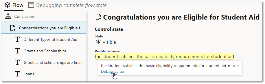 The Debug value link for a rule expression in the flow debugger