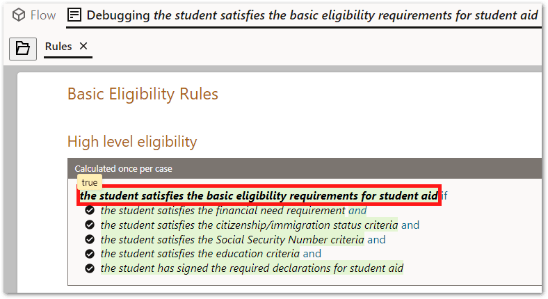 A proving rule in the rules view of the flow debugger