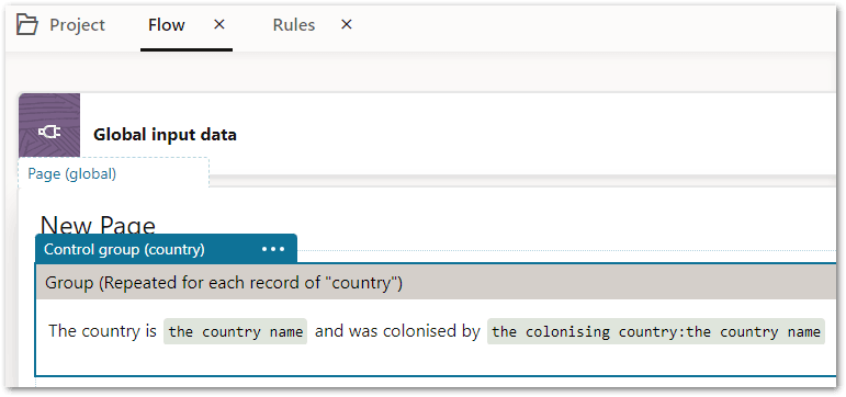 A page in a flow in Intelligent Advisor Hub showing country names in a label