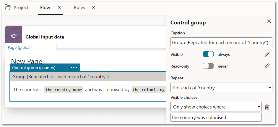 A rule used to control the visibility of choices for an object in a control group in a flow project