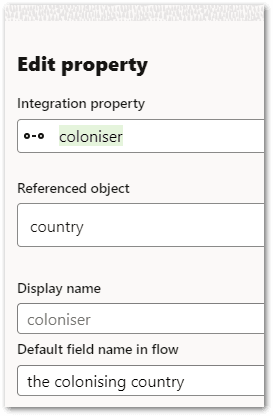 The property settings for the country object in a flow scheme in Intelligent Advisor Hub