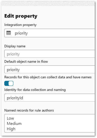 The property settings for a named record in a flow scheme in Intelligent Advisor Hub
