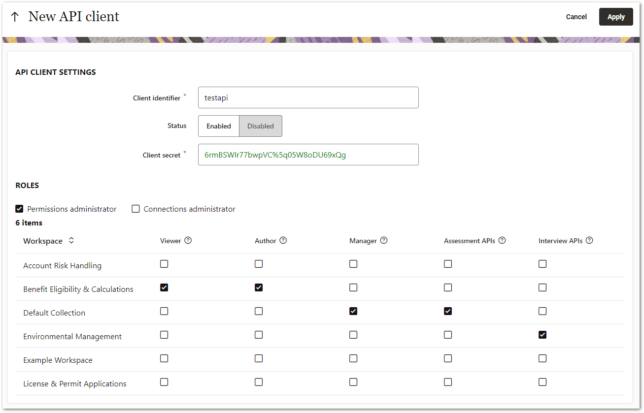 The New API Client page on the Permissions tab on Intelligent Advisor Hub.
