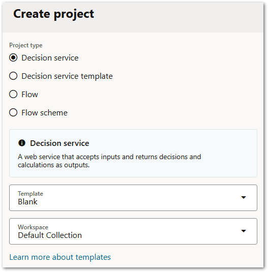 The Create Project window in Intelligent Advisor Hub showing the creation of a decision service project