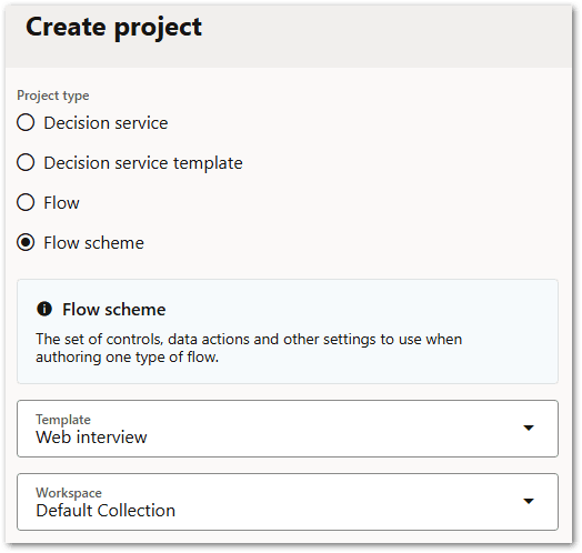 The Create project window in Intelligent Advisor Hub showing the Web interview template selected for the flow scheme
