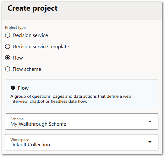 The Create Project window in Intelligent Advisor Hub showing the creation of a flow project