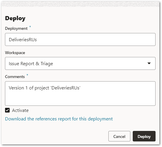 The Deploy dialog for a decision service project in Intelligent Advisor Hub