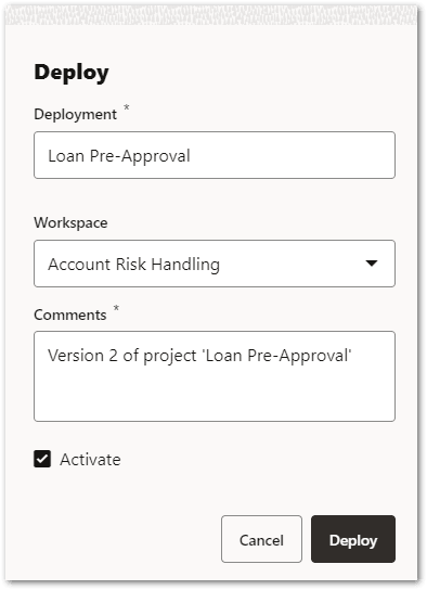 The Deploy dialog for a flow project  in Intelligent Advisor Hub