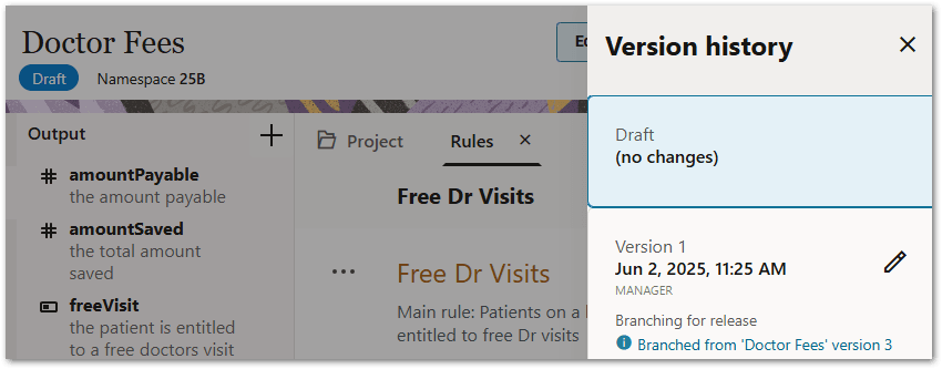 The version history for a branched decision service project in Intelligent Advisor Hub listing the original project it was branched from