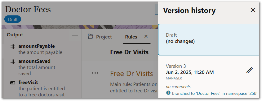 The version history for an original decision service project in Intelligent Advisor Hub listing the new namescape it was branched to