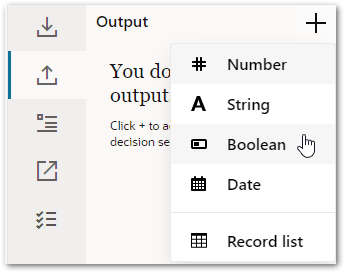 The Contract pane in a decision service project showing the add Boolean option selected