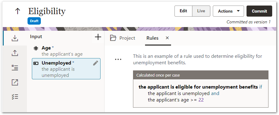 An example decision service project in Intelligent Advisor Hub with no rule or contract errors