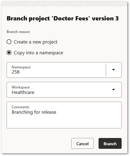 The Branch project dialog in Intelligent Advisor Hub for a decision service project showing the Copy into a namespace option selected