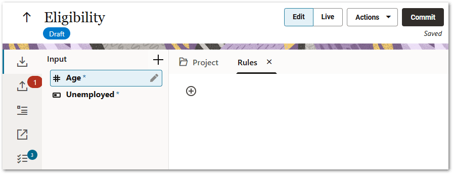 The project header showing project changes saved in a decision service project in Intelligent Advisor Hub