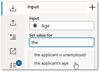 The Set value for field for an input in a decision service project in Intelligent Advisor Hub