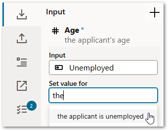 The Set value for field for an input in a decision service project in Intelligent Advisor Hub