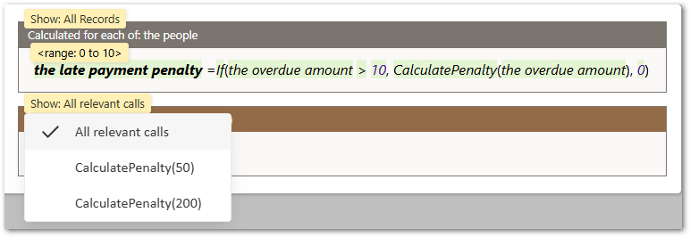 A custom function for CalculatePenalty in a decision service project showing 2 relevant calls