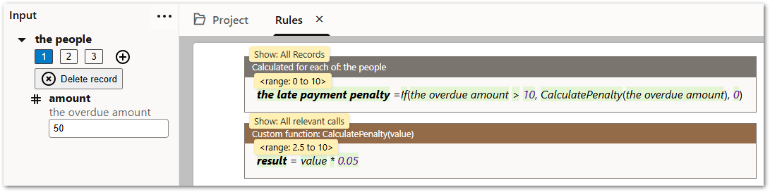 A custom function for CalculatePenalty in a decision service project showing 3 records