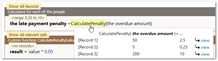 A custom function rule in Live mode in a decision service project showing the arguments and return values