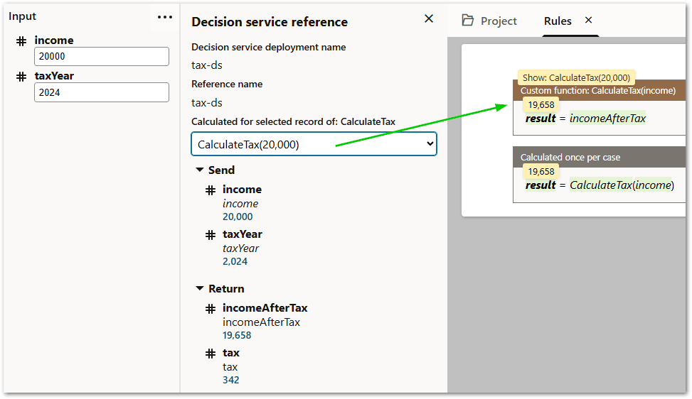 Live view in a decision service project showing the results when a custom function calls another decision service
