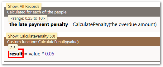 A custom function rule in Live mode in a decision service project showing the result for a particular custom function call