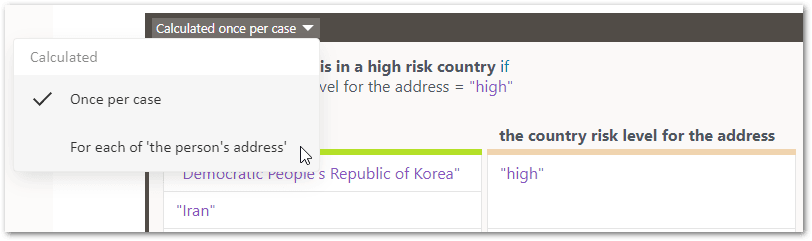 The Calculated drop-down menu for a rule block in a decision service project