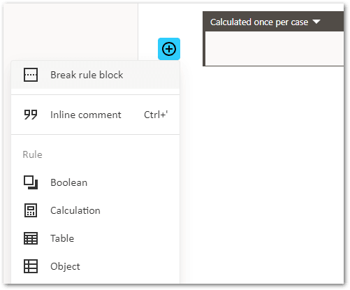 An empty rule block in a decision service project in Intelligent Advisor Hub showing the various rule template options in the menu