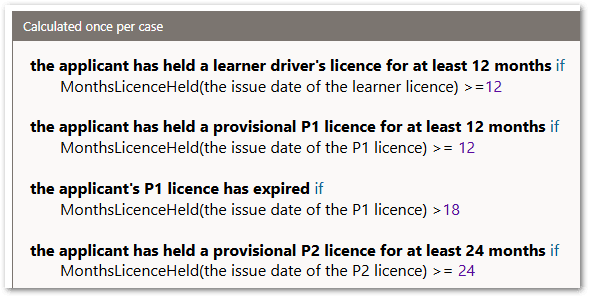 Rules using a custom function for MonthsLicenceHeld in a decision service project