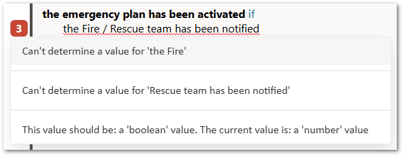 A rule in a decision service project in Intelligent Advisor Hub that contains multiple errors with the list of errors shown