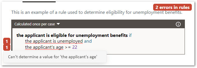 A Boolean rule in a decision service project showing an error because a value cannot be determined for the field