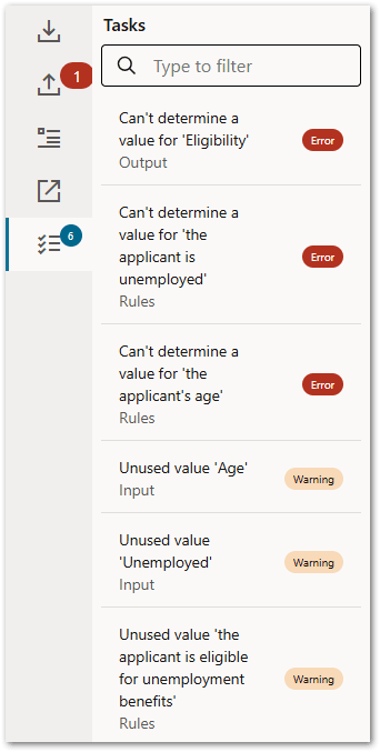 The Tasks list for a decision service project showing various errors and warnings