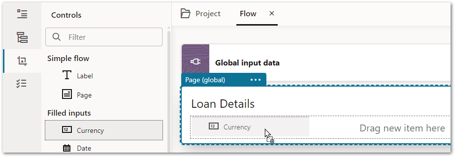 A Currency control being dragged on to the flow editor in a flow project in Intelligent Advisor Hub