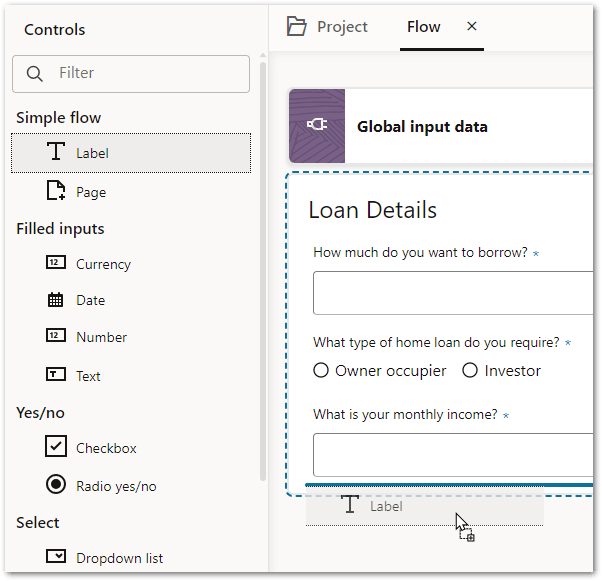 A Label control being dragged on to the flow editor in a flow project in Intelligent Advisor Hub