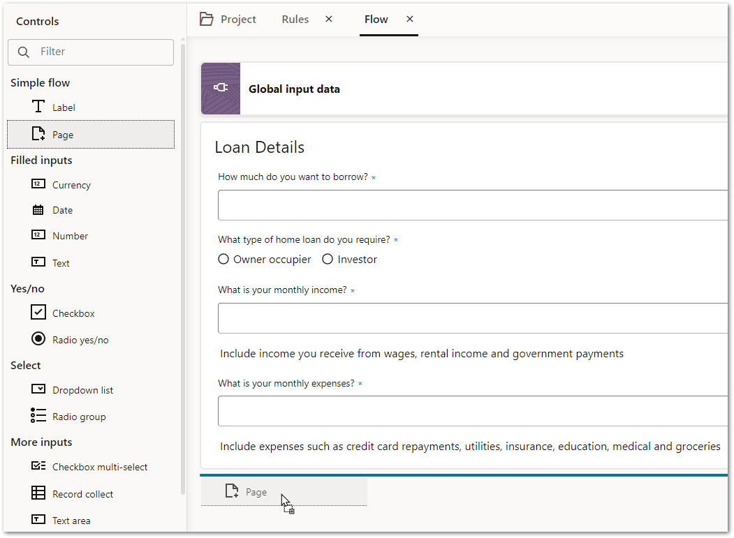 A page control being dragged on to the flow editor in a flow project in Intelligent Advisor Hub