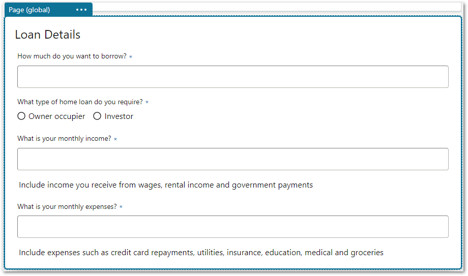 A page in a flow project in Intelligent Advisor Hub showing various input and label controls