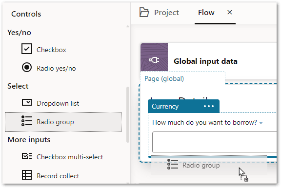 A Radio group control being dragged on to the flow editor in a flow project in Intelligent Advisor Hub