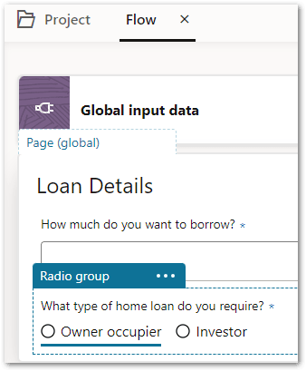 A Radio group with two choices on the flow editor in a project in Intelligent Advisor Hub