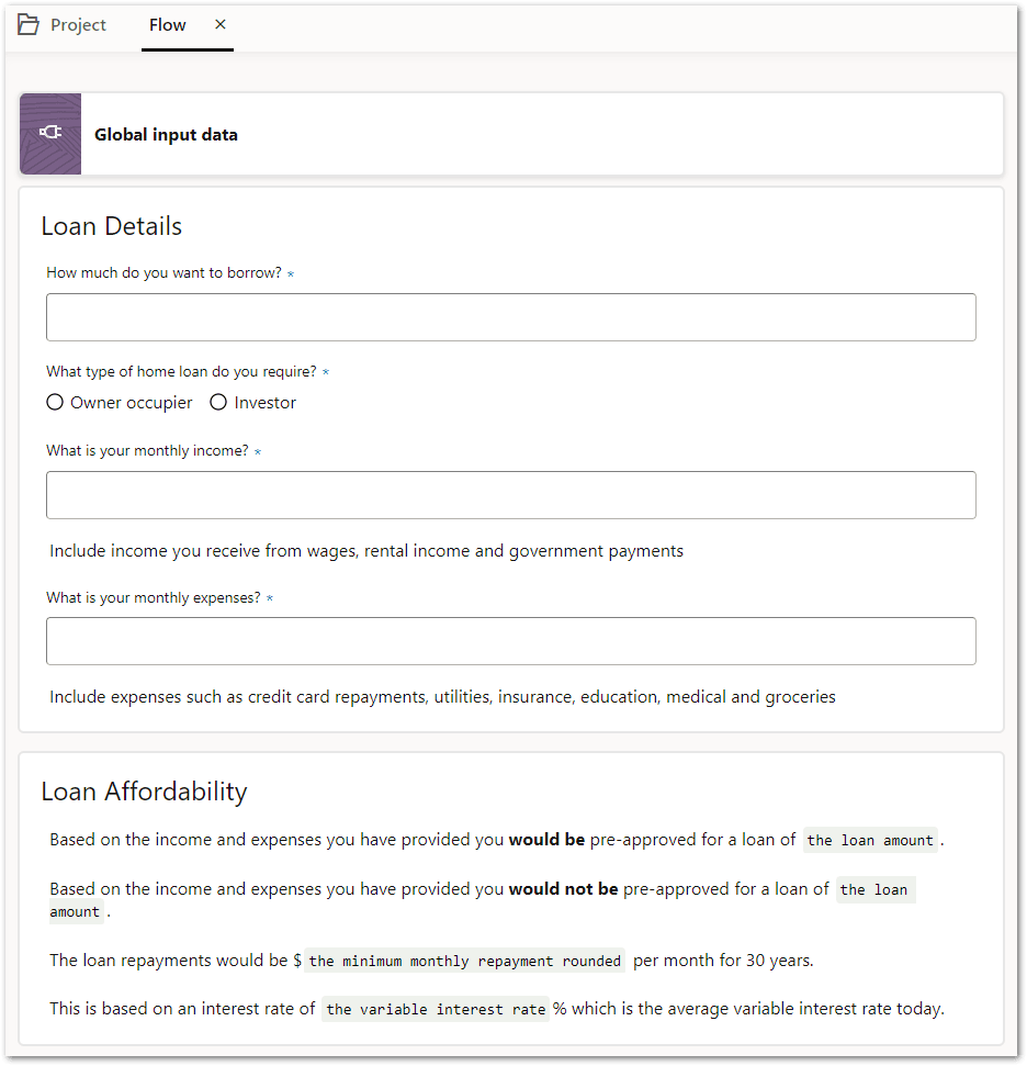 A flow in Intelligent Advisor Hub showing 2 pages and various inputs and labels