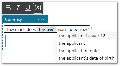 The drop-down list of matching field names that can be substituted into screen text in a flow project in Intelligent Advisor Hub