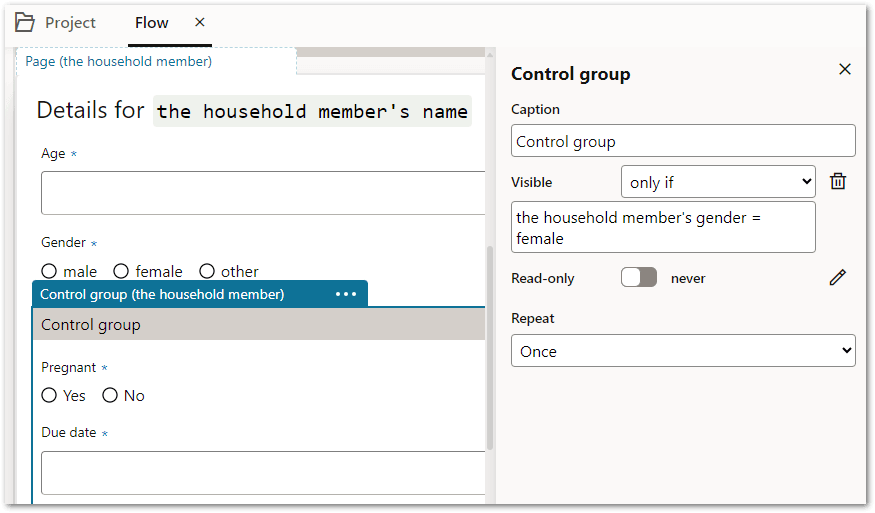 A control group on a page in an Intelligent Advisor flow project
