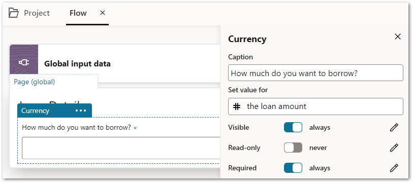 The properties for a currency control in a flow project in Intelligent Advisor Hub