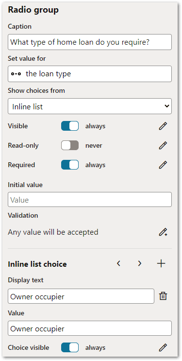 The properties for a radio group control in a flow project in Intelligent Advisor Hub