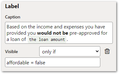A label in a flow project in Intelligent Advisor Hub showing conditional visibility