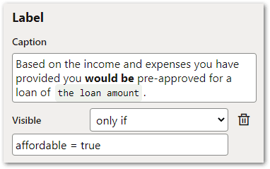A label in a flow project in Intelligent Advisor Hub showing conditional visibility