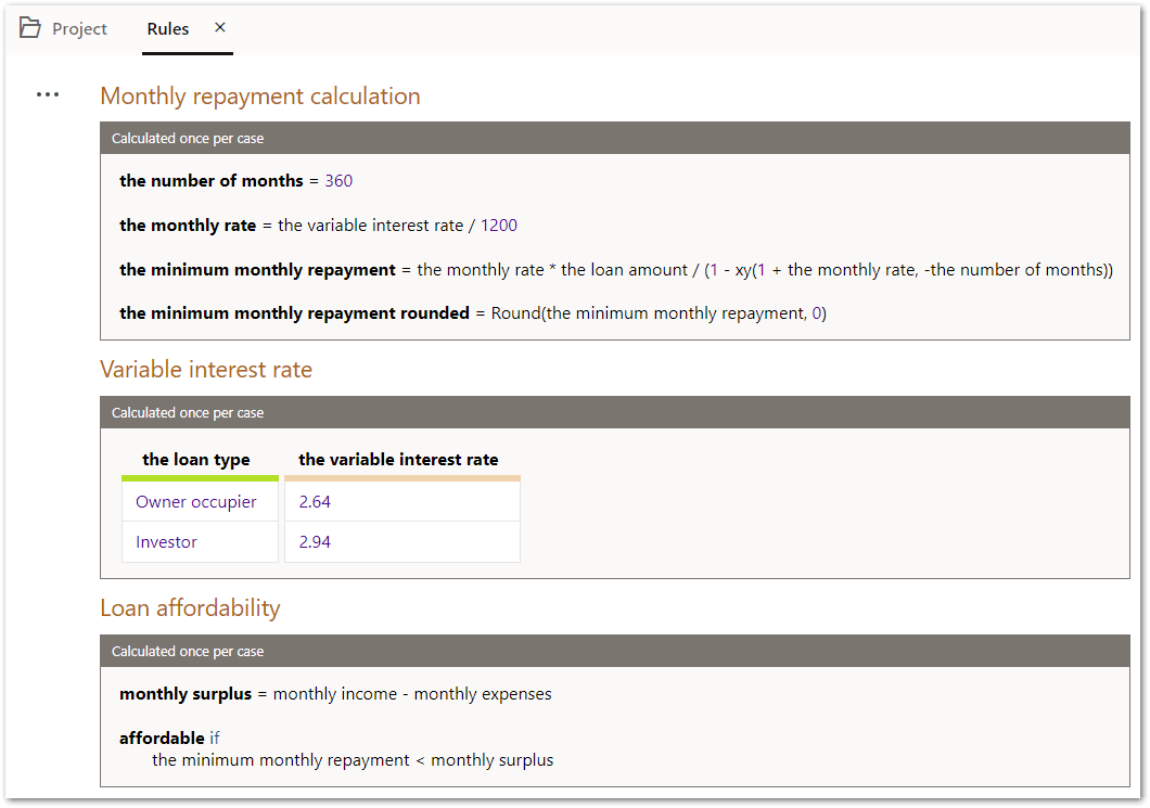 The rules in a flow project in Intelligent Advisor Hub used to calculate loan repayments